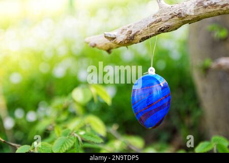 Uovo di pasqua di colore blu e rosso appeso al ramo dell'albero Foto Stock