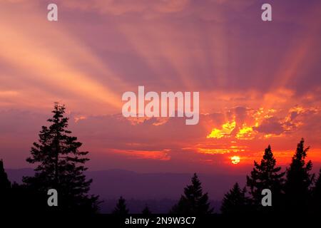 Il sole che splende in un cielo brillante al tramonto su montagne e cime degli alberi Foto Stock