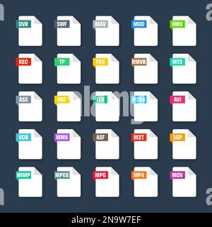 Formati file di sistema comuni. Tipi di documento ed estensioni. Collezione icone stile piatto. Pittogramma del documento, elemento dell'interfaccia utente del disegno Web, modello. Computer Illustrazione Vettoriale