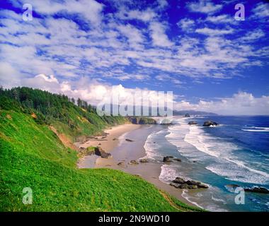 Crescent Beach guardando a sud verso Haystack Rock, Ecola State Park, Oregon Coast, Pacific Northwest; Oregon, Stati Uniti d'America Foto Stock