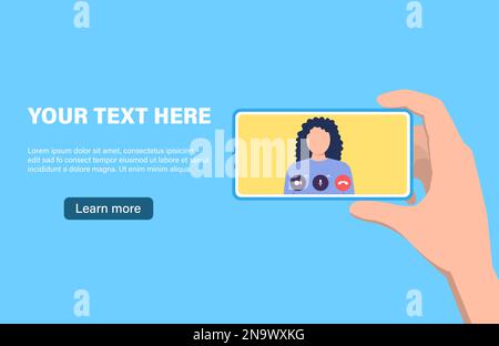 Pagina di destinazione di una ragazza che parla mentre tiene un telefono. Il concetto di conversazioni virtuali Illustrazione Vettoriale