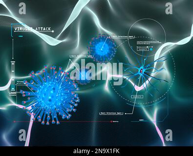 Corpo umano attaccato da virus, ricerca scientifica. Sperimentazione genetica. Rielaborazione dei dati. Programma di studio per sradicare il virus, esperimento Foto Stock