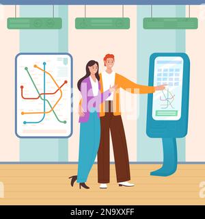 Self-service per acquistare i biglietti di trasporto per l'illustrazione del vettore di viaggio in città. Coppia di cartoni animati utilizzando un chiosco con mappa e pannello interattivo, i passeggeri controllano le informazioni sullo schermo e scelgono il treno della metropolitana Illustrazione Vettoriale