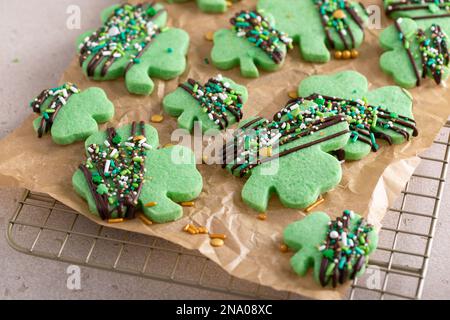 Biscotti Shamrock con glassa al cioccolato e spolverini per il giorno di San Patrizio Foto Stock