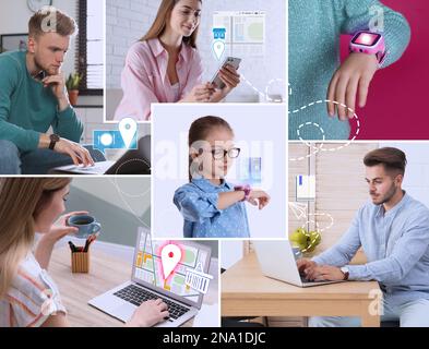 Controlla la geolocalizzazione dei bambini tramite l'orologio intelligente. Foto dei genitori e dei loro figli, collage Foto Stock
