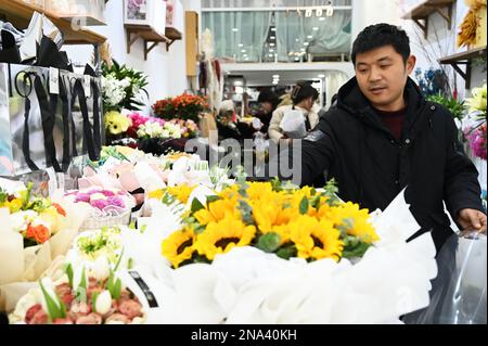 XUZHOU, CINA - 13 FEBBRAIO 2023 - un dipendente seleziona, organizza e confeziona i fiori in base a un ordine in un negozio di fiori nella contea di Suining, Xuzho Foto Stock