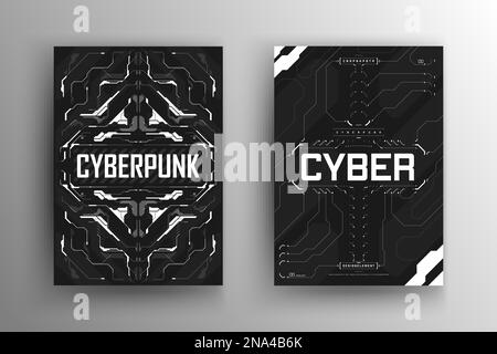 Set di poster futuristici cyberpunk. Design cyberpunk per web e modelli di stampa. Collezione di volantini tecnici con elementi HUD. Astratto futuristico Illustrazione Vettoriale
