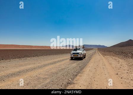 Guida su una strada lunga e asciutta, nel deserto del Namib; Namibia Foto Stock