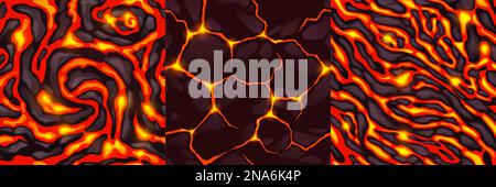 Texture di lava, magma e pietre. Disegni senza cuciture della superficie rocciosa del vulcano con crepe e flussi di lava liquida fusa calda nella vista dall'alto, illustrazione vettoriale dei cartoni animati Illustrazione Vettoriale