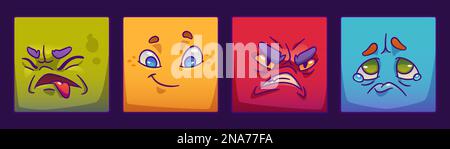 Set di volto di mostro quadrato per avatar giocatore nel gioco. Fumetto emozione espressione su adesivi in vettore. Divertente collezione di personaggi alieni clipart con umore felice, arrabbiato e sconvolto, pianto, occhi con lacrime Illustrazione Vettoriale