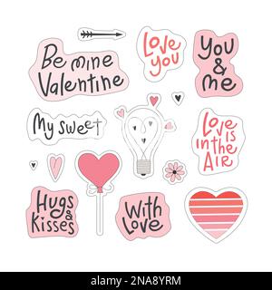 Set di elementi carini, testo per San Valentino, matrimonio, scrapbooking, biglietto d'auguri, adesivi, invito alla festa, tag regalo. Illustrazione Vettoriale