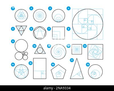Regole Golden Ratio. Armonia geometrica di proporzioni ideali, regola dei terzi e sequenza fibonacci, composizione matematica dell'arte visiva. Set vettoriale. Profilati rotondi e rettangolari Illustrazione Vettoriale