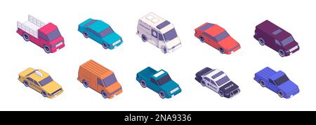 Auto isometriche. Traffico urbano stradale icone veicolo città traffico, diversi tipi di automobili stile piatto per infografica o gioco di progettazione. Set con isolamento vettoriale. Ambulanza, polizia e servizio taxi Illustrazione Vettoriale