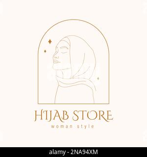 Logo per hijab store. Donna araba astratta con occhi chiusi. Profilo femminile disegnato a mano in headdress musulmano. Illustrazione vettoriale nella Illustrazione Vettoriale