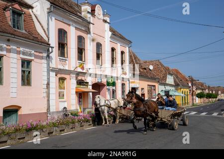 Cavallo e carrozza nella via principale del villaggio di Biertan, contea di Sibu, Transilvania, Romania; Biertan, Transilvania, Romania Foto Stock