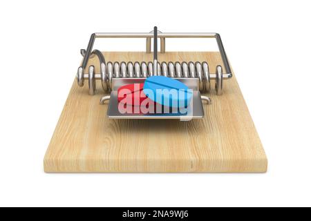 mousetrap e compresse su sfondo bianco. Illustrazione 3D isolata Foto Stock