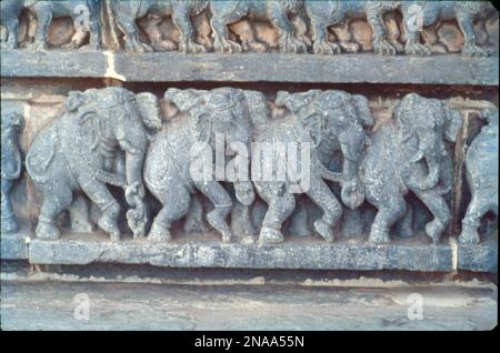Le strutture del tempio di Halebidu sono piene di belle sculture che raffigurano vari danzatori uccelli e animali. Il luogo è ammirato per la sua intricata architettura Hoysala, piccole e intricate sculture, i templi decorati dettagliati, le sculture incredibili con metallo come lucidare e molto altro ancora. Ha circa mille figure sulle pareti che raffigurano scene di Mahabharata e Ramayana. Il tempio è stato descritto come un esempio eccezionale di architettura indù. Foto Stock