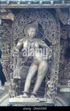 Le strutture del tempio di Halebidu sono piene di belle sculture che raffigurano vari danzatori uccelli e animali. Il luogo è ammirato per la sua intricata architettura Hoysala, piccole e intricate sculture, i templi decorati dettagliati, le sculture incredibili con metallo come lucidare e molto altro ancora. Ha circa mille figure sulle pareti che raffigurano scene di Mahabharata e Ramayana. Il tempio è stato descritto come un esempio eccezionale di architettura indù. Foto Stock