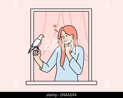 Donna sorridente in casa finestra tenendo piccione in mano. Ragazza innamorata che invia lettera d'amore con l'uccello. Illustrazione vettoriale. Illustrazione Vettoriale