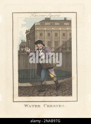 Venditore di acqua-crescione in Piazza Hannover. Uomo in berretto, cappotto, gilet, grembiule e stivali con cesto di abiti d'acqua dolce. Di fronte alle ringhiere del giardino in Piazza Hannover. Casa di ricca piantagione indiana occidentale e schiavo-proprietario Edward Lascelles, Lord Harewood, sullo sfondo. Incisione su copperplate a mano di Edward Edwards dopo un'illustrazione di William Marshall Craig dalla Descrizione delle lastre che rappresentano gli Itineranti Traders di Londra, Richard Phillips, n° 71 St Paul's Churchyard, Londra, 1805. Foto Stock