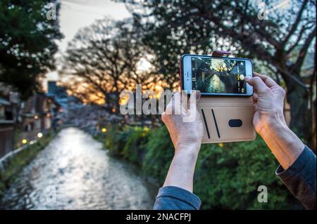 Fotografare i fiori di ciliegia lungo il canale Shirakawa nella zona di Gion a Kyoto, una parte storica della città dove si trova la tradizionale cultura geisha. Foto Stock