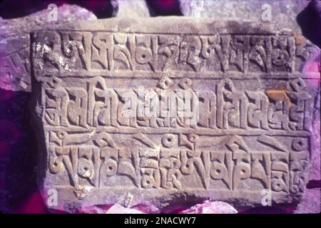 Le iscrizioni in pietra nella Valle di Kathmandu si riferiscono a antiche lastre di pietra, colonne e piedistalli con testo inciso su di esse. Mantra buddisti e scritti sacri sulle pietre Braga dintorni Annapurna zona di conservazione Nepal · Mantra tibetani incisi sulle pietre lungo le Scritture nepalesi. Foto Stock