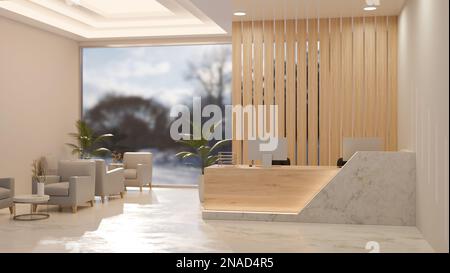 Splendido e moderno interno della lobby in marmo bianco e stile legno con area d'attesa e banco ricevimento, poltrone, parete divisoria in legno, grande finestra. Foto Stock