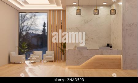 Elegante e moderno interno di ricevimento in marmo bianco e stile legno con area d'attesa e banco ricevimento, poltrone, grande finestra, elegante soffitto, p. Foto Stock