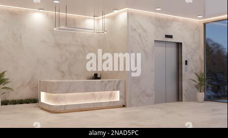 Design degli interni di un edificio d'uffici moderno ed elegante in lussuoso stile marmo bianco con banco ricevimento, elegante pendente, ascensore e impianto interno Foto Stock