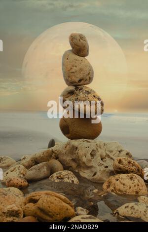 Un colpo verticale di rocce equilibrate sulla riva contro la grande silhouette del sole in un bel cielo Foto Stock