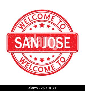 Benvenuto a San Jose. Impressione di un francobollo rotondo con un'impronta. Stile piatto Illustrazione Vettoriale