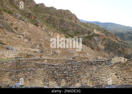 Incredibile vista di Ollantaytambo con gruppi di visitatori che si arrampicano sulle rovine Inca, Urubamba, Cusco, Perù, Sud America Foto Stock