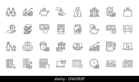 Set icone linea risparmio pensione. Piano di ritiro, bilancio, denaro senior, deposito bancario, fondo di investimento, piggy bank, illustrazione vettore di pagamento di pensione Illustrazione Vettoriale