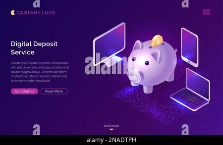 Illustrazione del vettore di concetto isometrico del servizio digitale di deposito di denaro. Online banking, app finanziaria. Grande banca piggy con caduta moneta d'oro, telefono cellulare, computer portatile e icona computer isolato su viola Illustrazione Vettoriale
