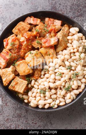 Freginat è un piatto catalano tradizionale fatto con maiale disossato, fagioli bianchi, cipolle, lardo, pancetta primo piano in un piatto sul tavolo. Vista verticale dall'alto f Foto Stock