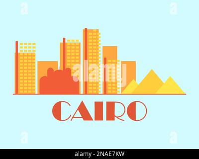 Cairo paesaggio in stile vintage. Bandiera retrò del Cairo con antiche piramidi egiziane e case in stile lineare. Design per stampa, poster e promo Illustrazione Vettoriale