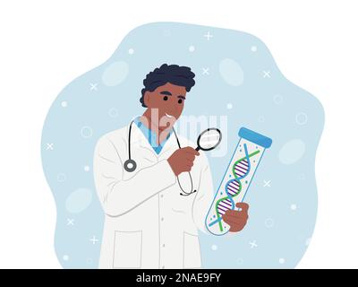 Giornata delle malattie rare osservata il 28 febbraio. Un giovane medico afro-americano sorridente sta ricercando il DNA delle malattie rare Illustrazione Vettoriale