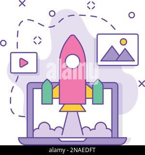 Lancio di un prodotto per il pubblico globale Vector design, business corporation partnership Joint Sales and Marketing management digital tech startup Illustrazione Vettoriale