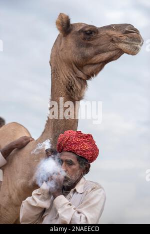Uomo indiano che fuma una pipa chillum e si trova accanto al suo cammello; Pushkar, Rajasthan, India Foto Stock