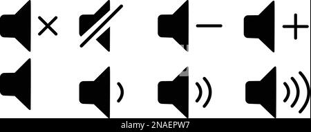 Set icone volume silhouette. Icone del volume audio. Icone nere del volume audio. Simbolo del volume dell'altoparlante. Illustrazione vettoriale degli altoparlanti con audio e volume alto Illustrazione Vettoriale