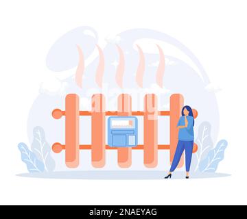Illustrazione della sostenibilità. Personaggi che monitorano il contatore elettrico privato e il riscaldamento centralizzato e calcolano la bolletta delle utenze domestiche. vettore piatto m Illustrazione Vettoriale