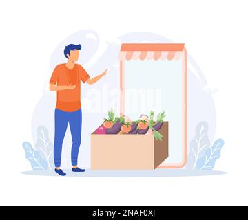 Illustrazione del negozio di alimentari. Carattere di acquisto in supermercato e online verdure biologiche fresche e altri alimentari. Concetto di acquisto di cibo. vettore piatto Illustrazione Vettoriale