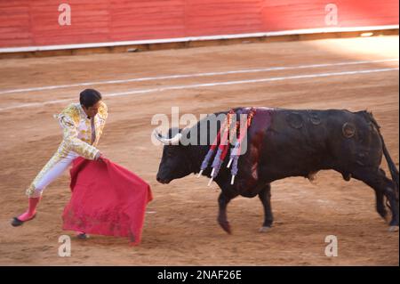 In una corrida a città del Messico, il Matador prende in giro un toro con un capo; città del Messico, Messico Foto Stock