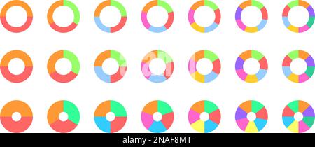 Set di ciambelle colorate o grafico a torta. Divisione circolare su 2, 3, 4, 5, 6, 7, 8 parti uguali. Schemi delle ruote con due, tre, quattro, cinque, sei, sette, otto segmenti. Illustrazione piatta vettoriale Illustrazione Vettoriale
