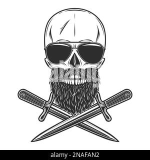 Cranio di Hippster con baffi e barba in occhiali da sole e coltello incrociato dagger isolato su sfondo bianco illustrazione monocromatica Foto Stock