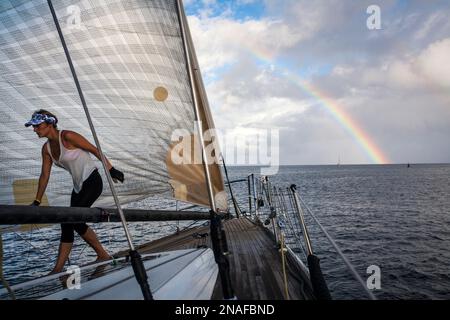 Naviga al largo dell'isola di Grenada nei Caraibi con un arcobaleno tra le nuvole di tempesta sullo sfondo. Scena dal 2011 Mt. Gara di yacht gay Rum... Foto Stock