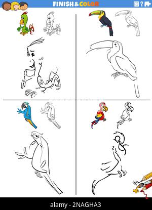 Cartoon illustrazione di disegno e colorare fogli di lavoro didattici con divertenti uccelli animali personaggi Illustrazione Vettoriale