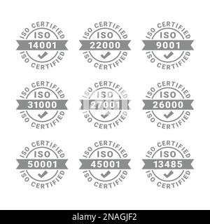 Set di etichette vettoriali certificate ISO. 9001, 50001 icone vettoriali per badge di certificato. Illustrazione Vettoriale