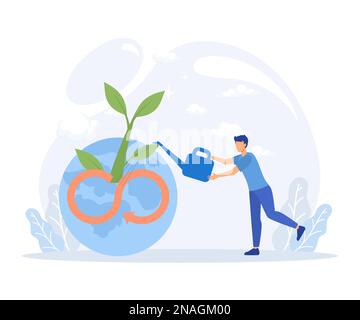 Illustrazione circolare dell'economia. Crescita economica sostenibile, recupera il riutilizzo e riduce le emissioni di CO2 e l'impatto sul clima. ESG, energia verde e industria Illustrazione Vettoriale