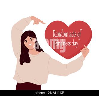 Ragazza felice cute che tiene il cuore grande. Atti casuali di giorno di gentilezza. Febbraio 17. Illustrazione del poster Vector kindness Day Illustrazione Vettoriale